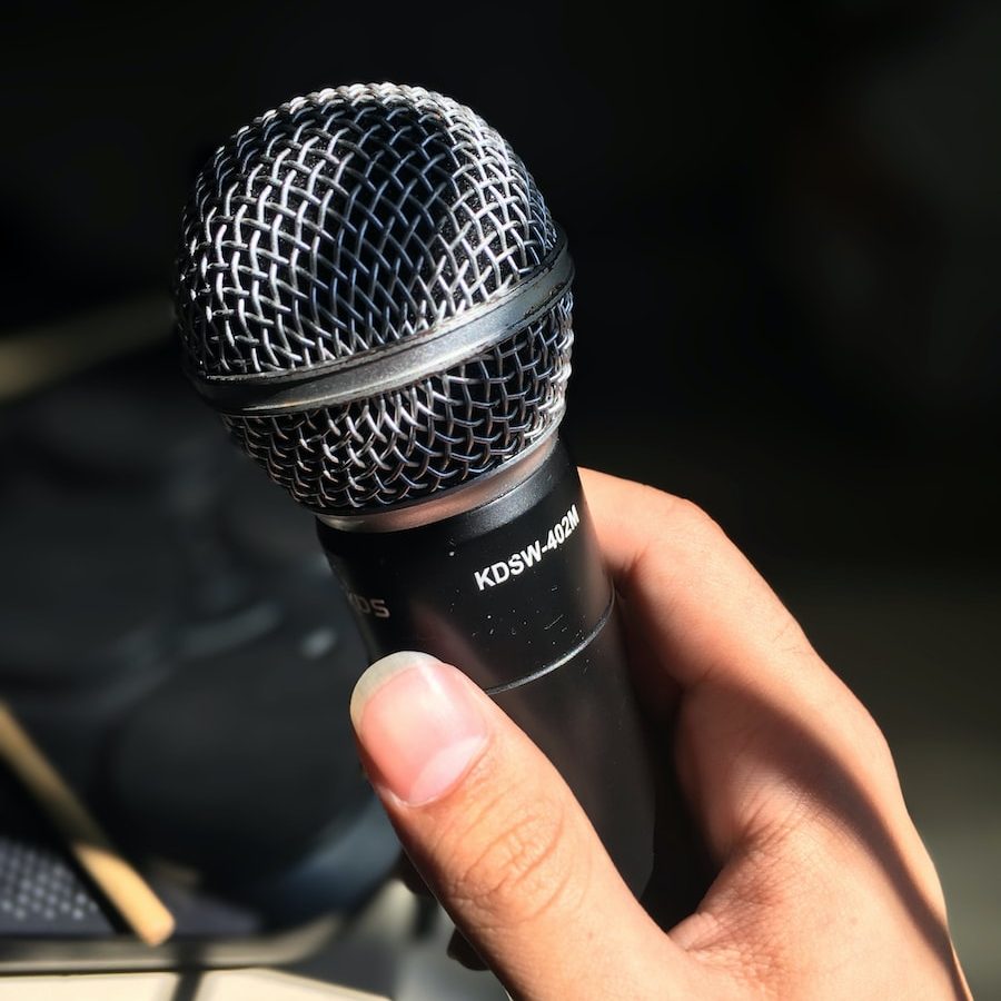person holding black and silver microphone